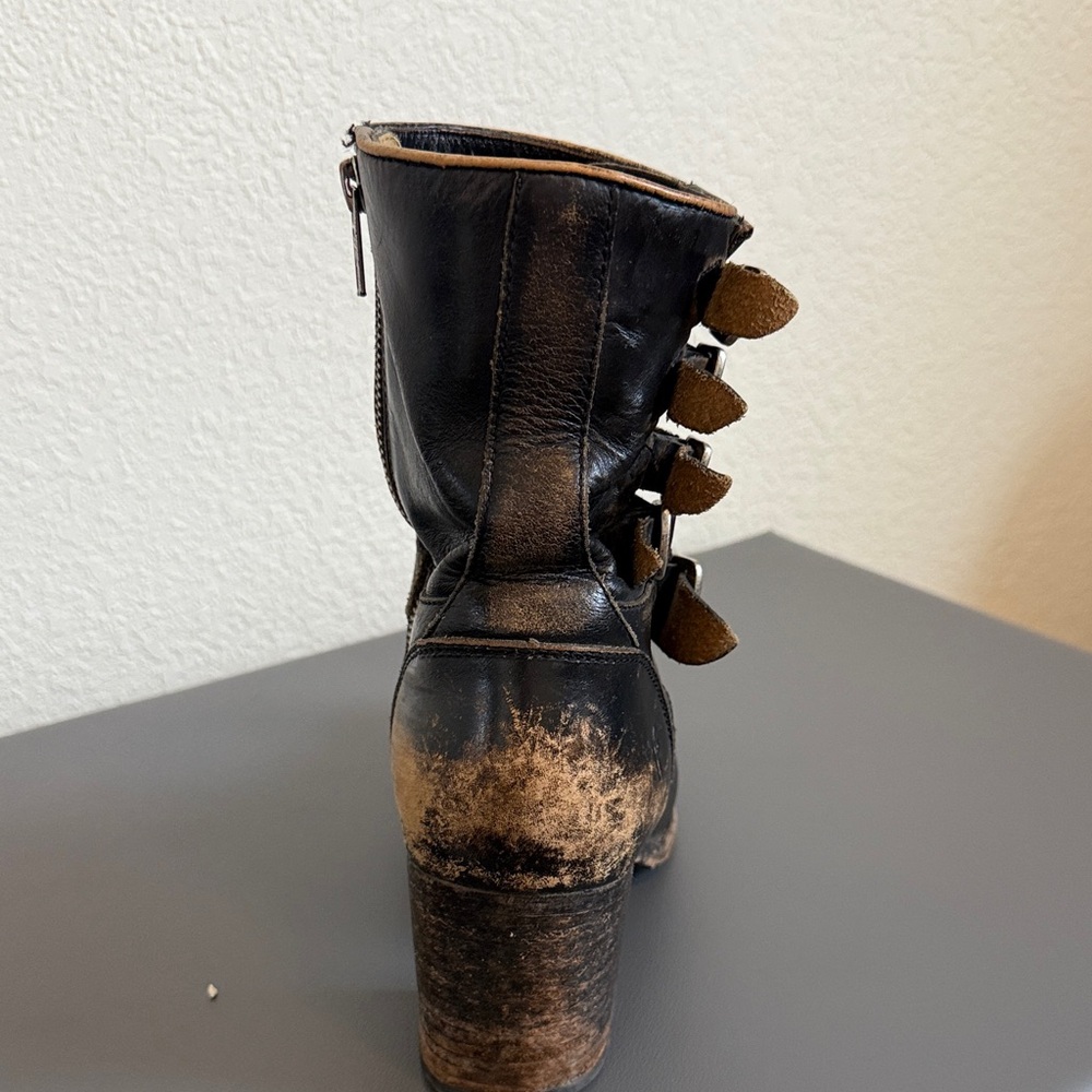 Frye Distressed Black Leather Mid Calf Boots with Buckle Detail - Picture 7 of 16